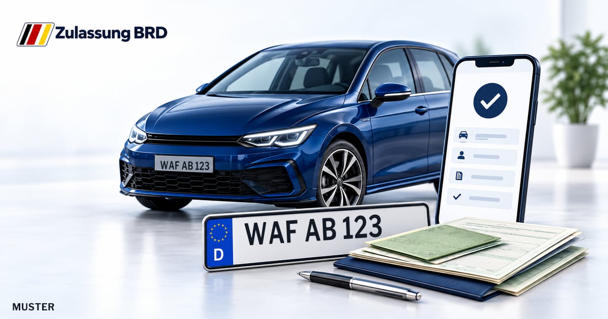 Online Fahrzeugzulassung in Oelde: Musterkennzeichen WAF AB 123, Auto und Fahrzeugpapiere und Smartphone. Illustration mit Logo von Zulassung BRD.